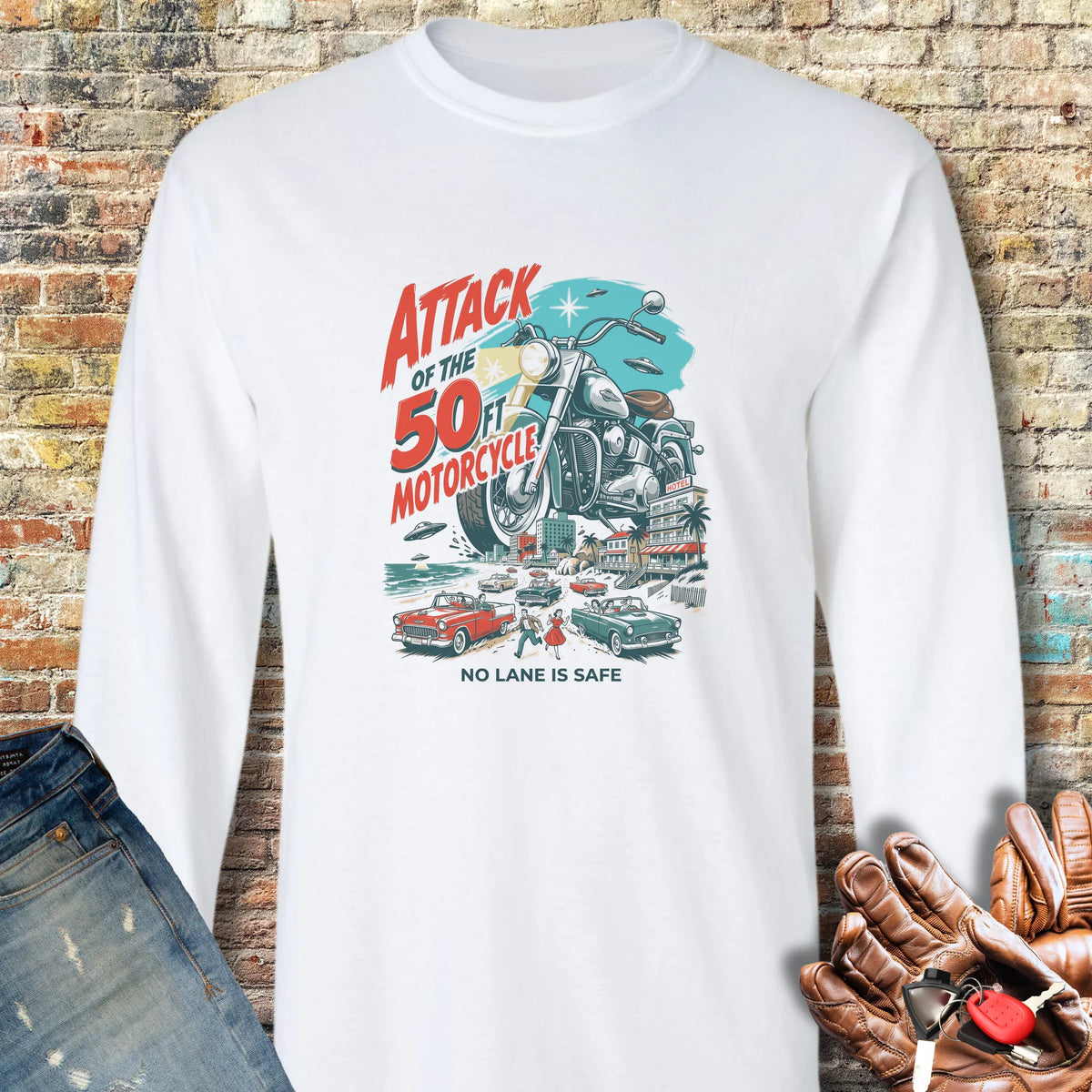 50ft Motorcycle Long Sleeve T-Shirt - White