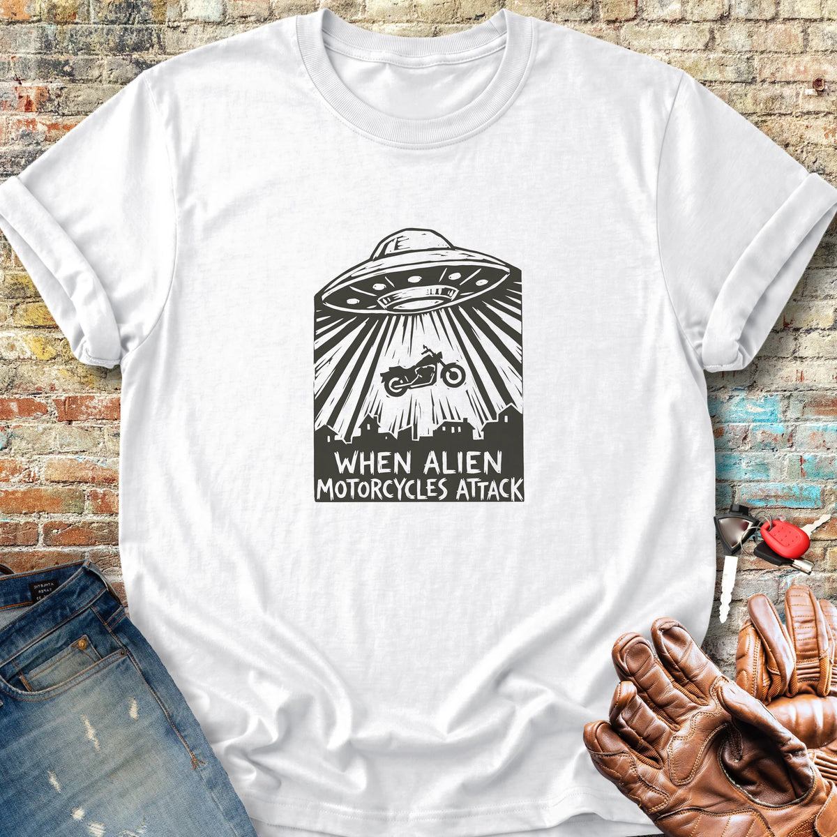 Alien Motorcycles Attack Classic T-Shirt - White
