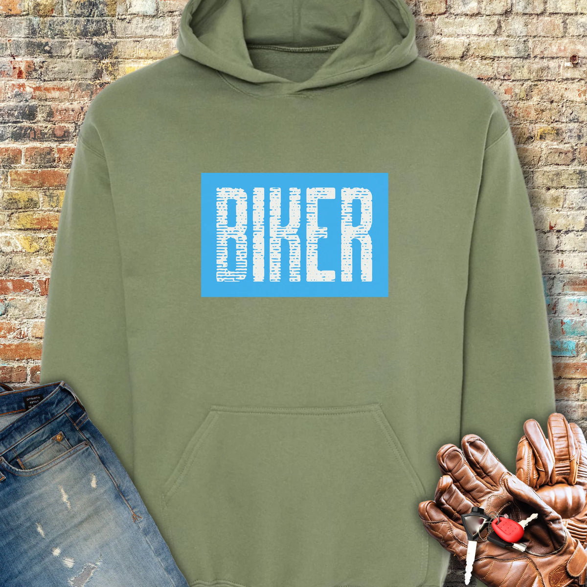 Biker In Blue Hoodie - Military Green