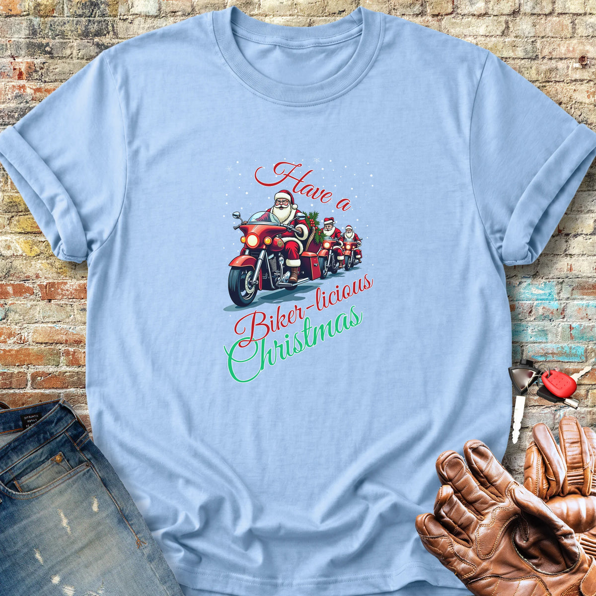 Biker-licious Christmas Classic T-Shirt - Light Blue