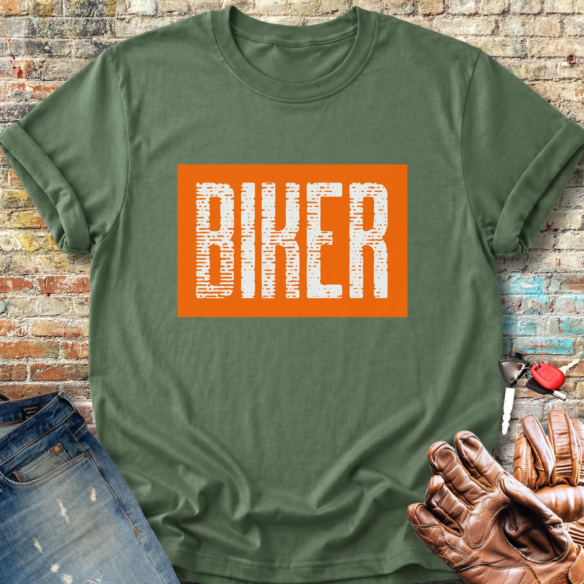Biker In Orange Classic T-Shirt - Military Green