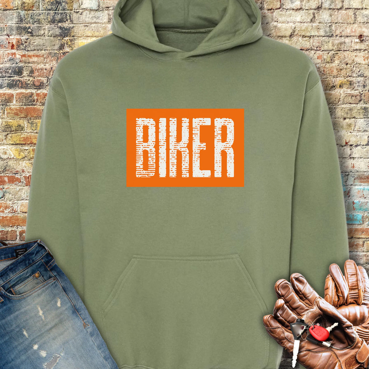 Biker In Orange Hoodie - Military Green
