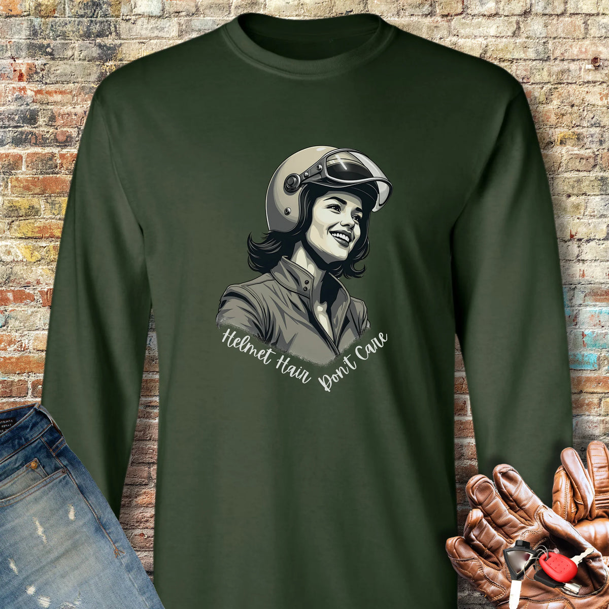 Helmet Hair Long Sleeve T-Shirt - Forest Green