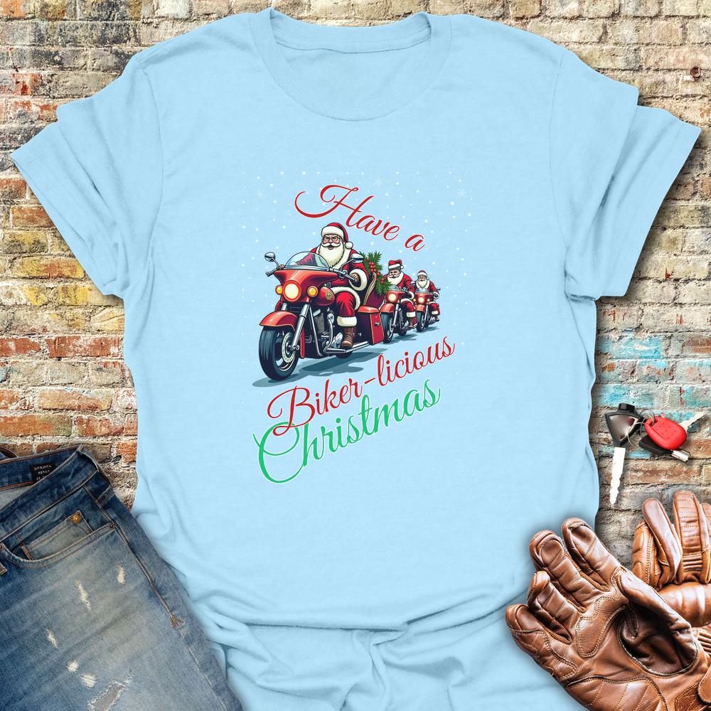 Biker Licious Christmas T-Shirt - Light Blue