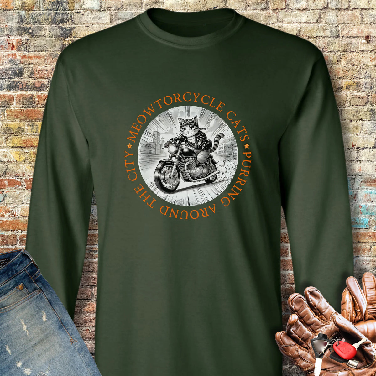 Meowtorcycle Cats Long Sleeve T-Shirt - Forest Green