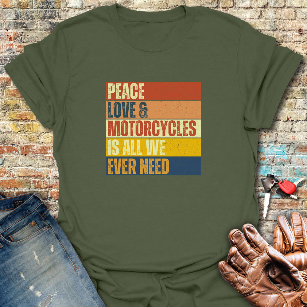 Peace Love Motorcycles Block T-Shirt - Military Green