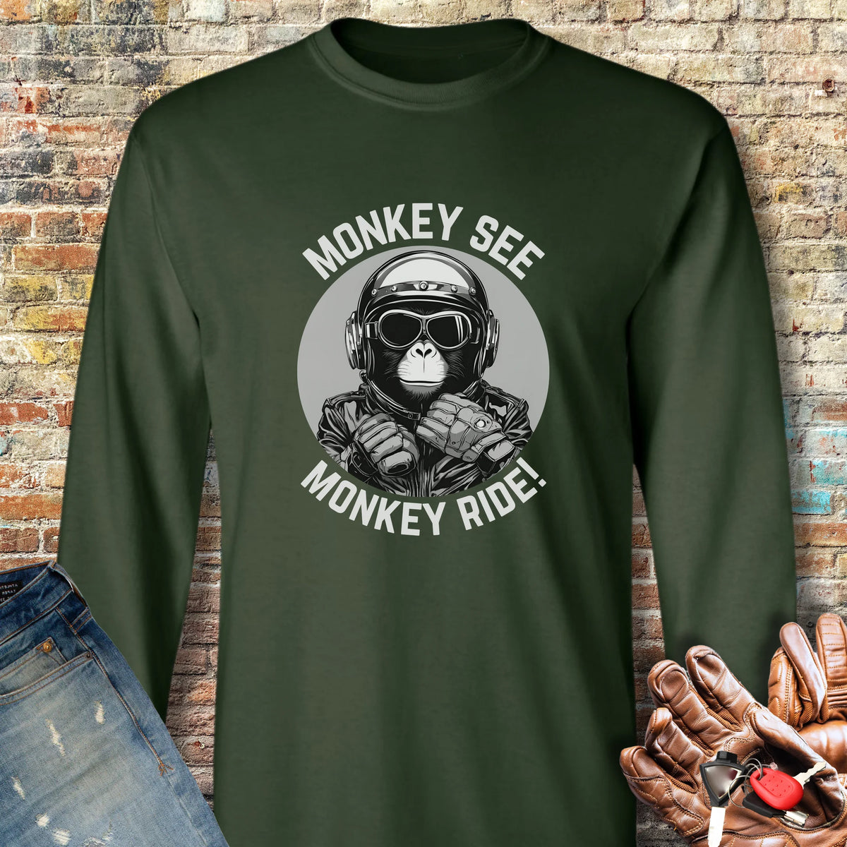 Monkey See Monkey Ride Long Sleeve T-Shirt - Forest Green
