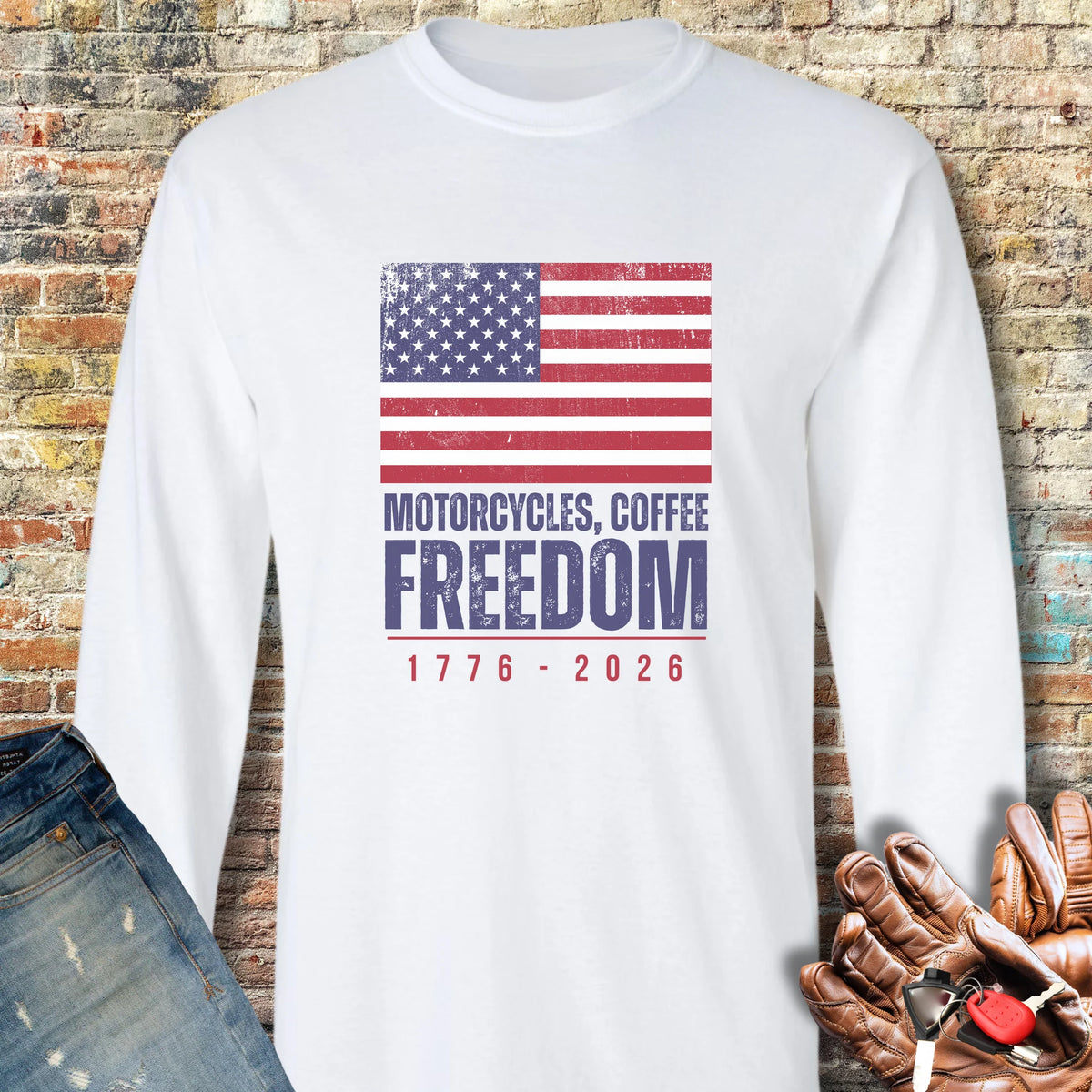 Motorcycles Coffee Freedom Long Sleeve T-Shirt - White