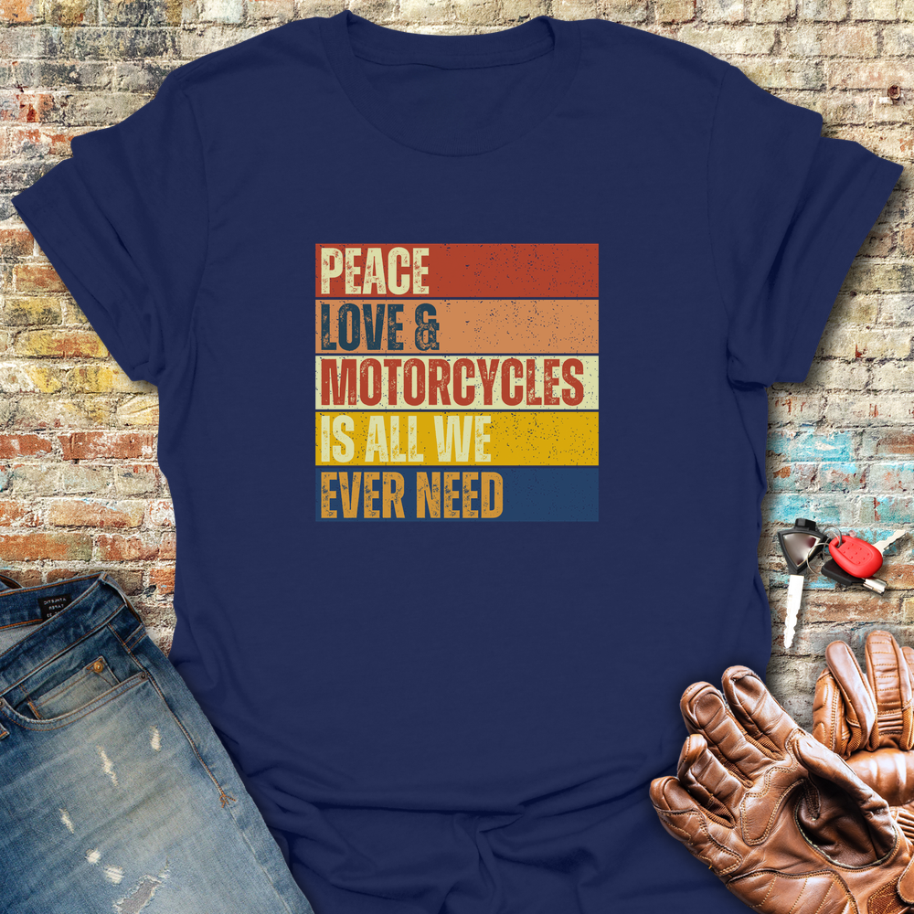 Peace Love Motorcycles Block T-Shirt - Navy