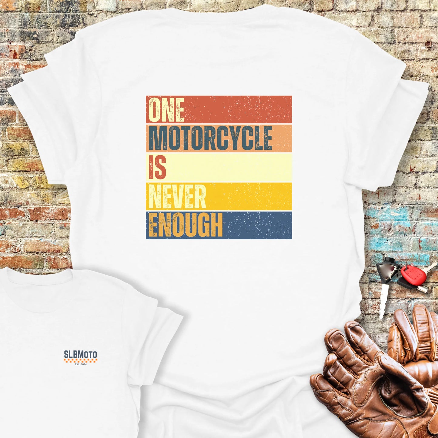 One Motorcycle Is Never Enough (Block) Back Print T-Shirt - White
