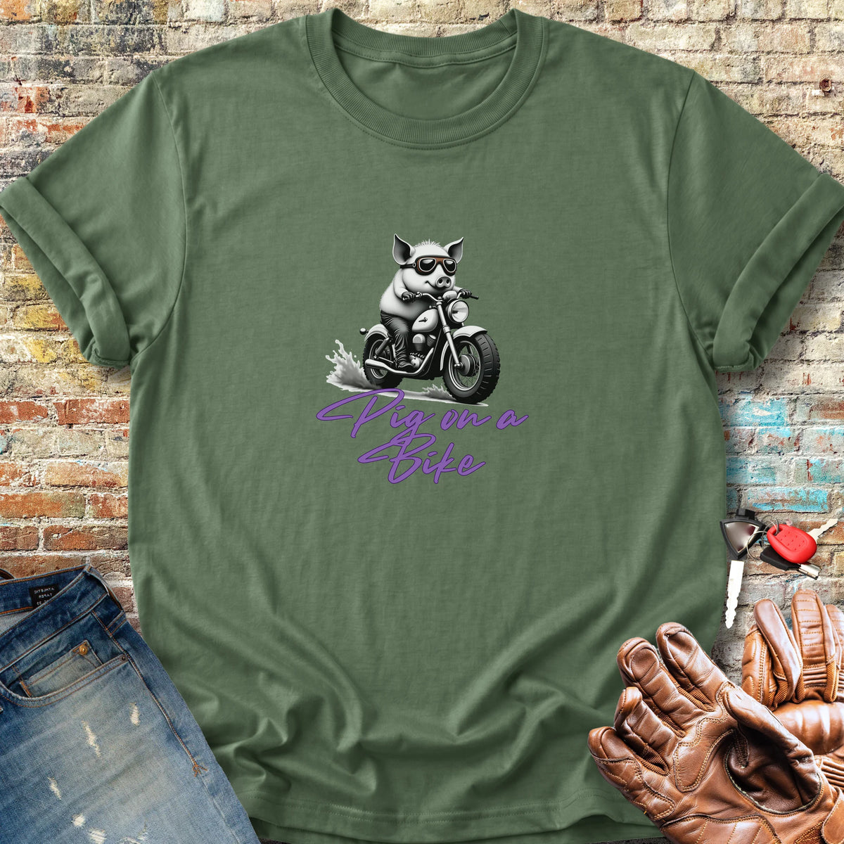 Pig On A Bike Classic T-Shirt - Military Green