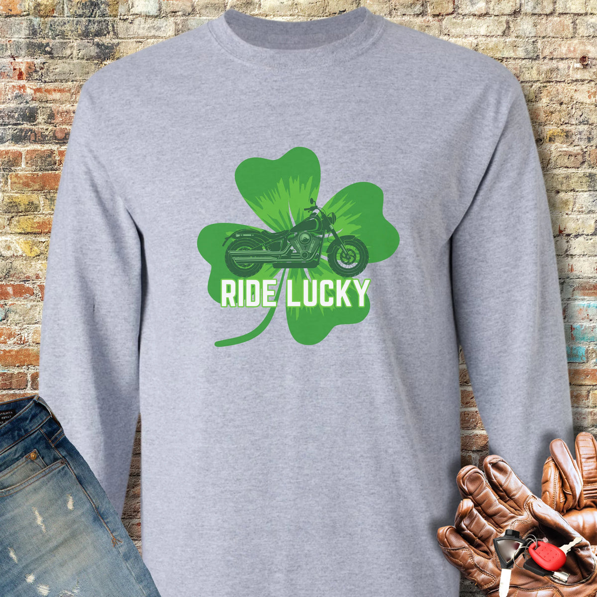 Ride Lucky (Shamrock) Long Sleeve T-Shirt - Sport Grey