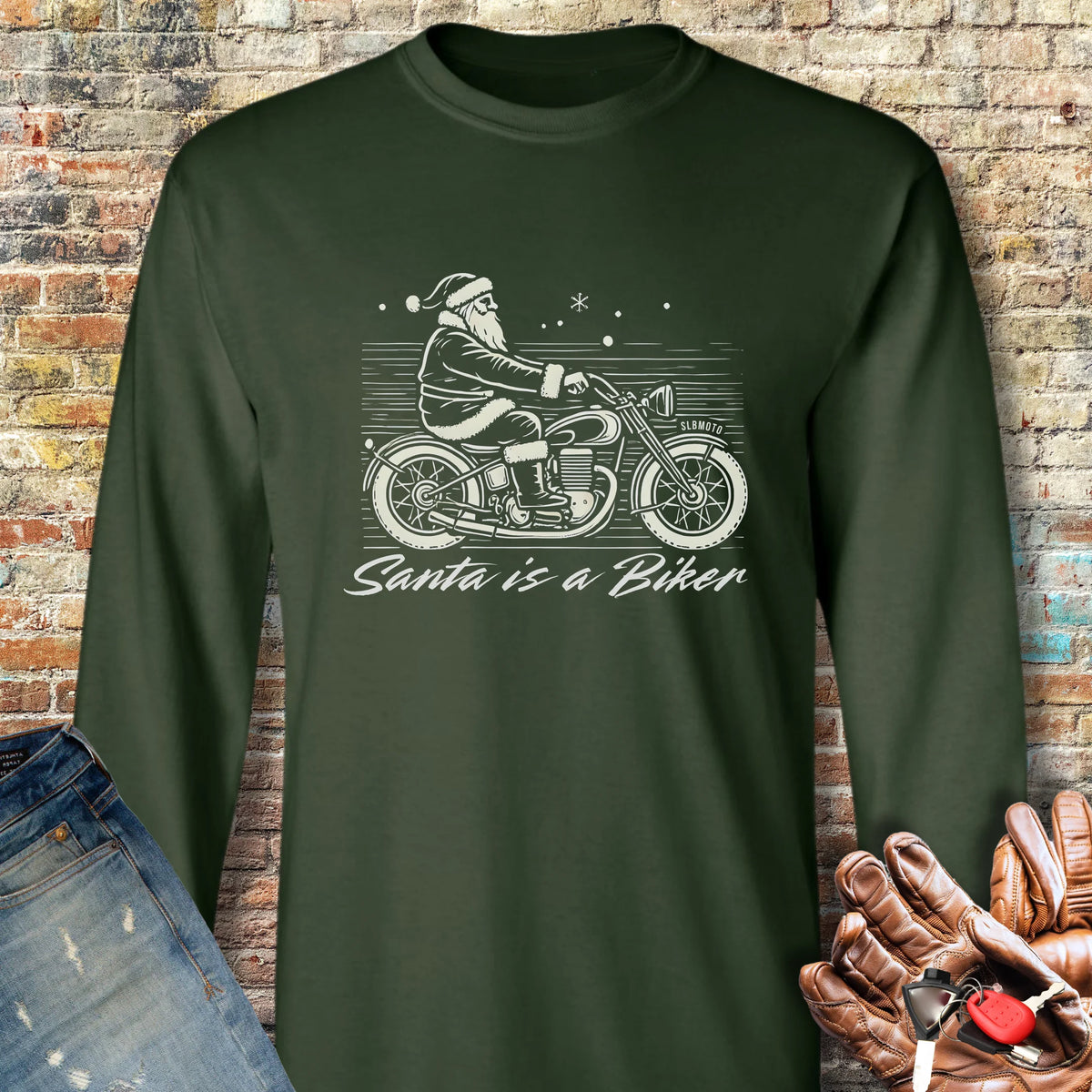 Santa Is A Biker Long Sleeve T-Shirt - Forest Green