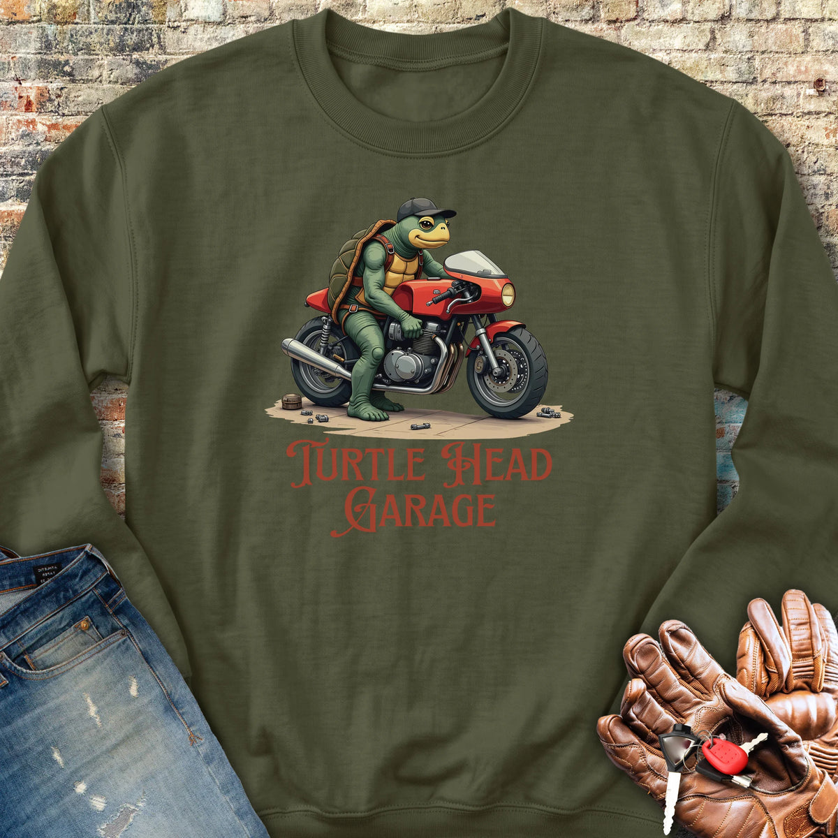 Turtle Head Garage Sweatshirt - Military Green