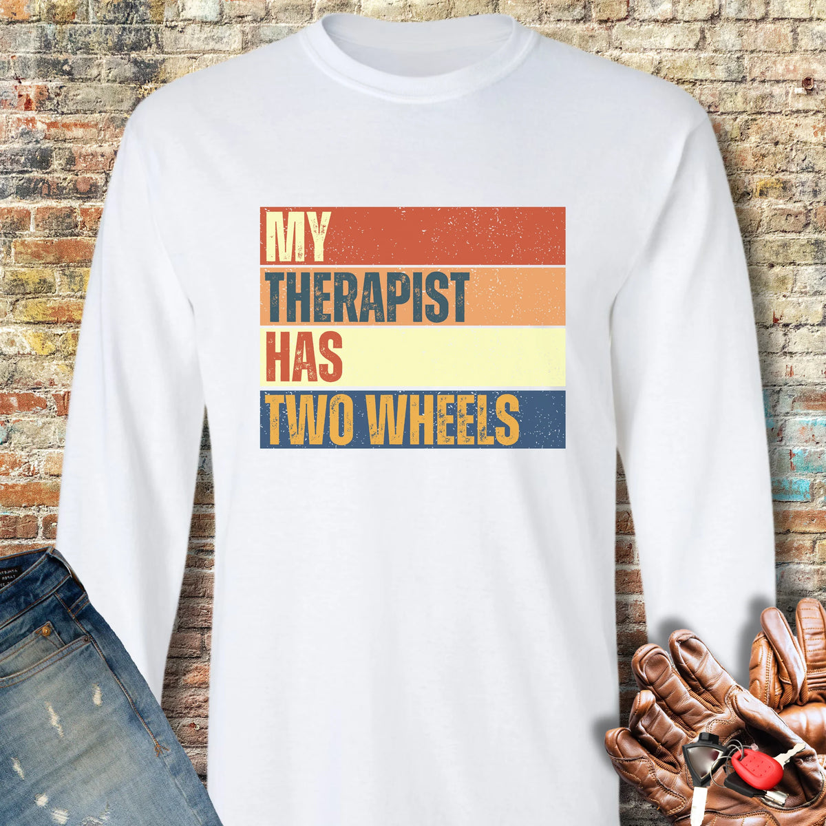 Two Wheel Therapist (Block) Long Sleeve T-Shirt - White