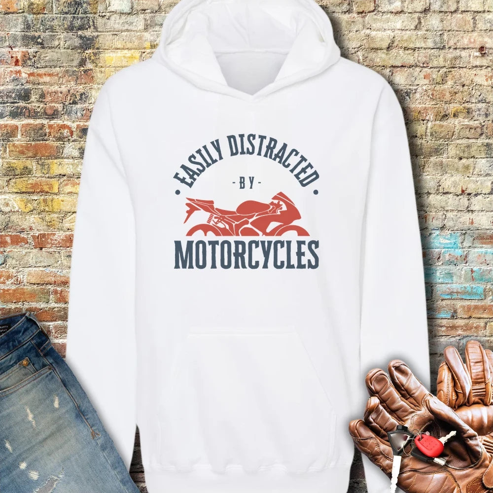 Easily Distracted By Motorcycles Dark Hoodie - White