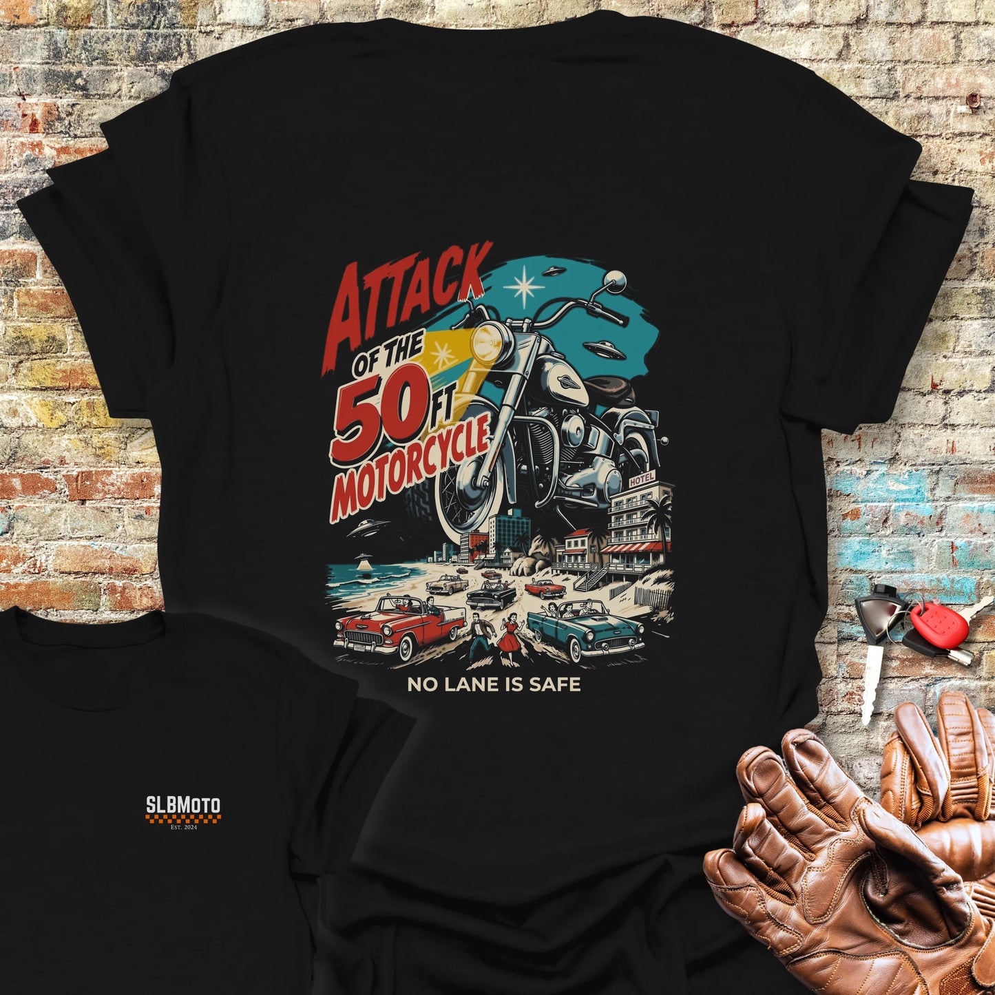 50ft Motorcycle Back Print T-Shirt - Black