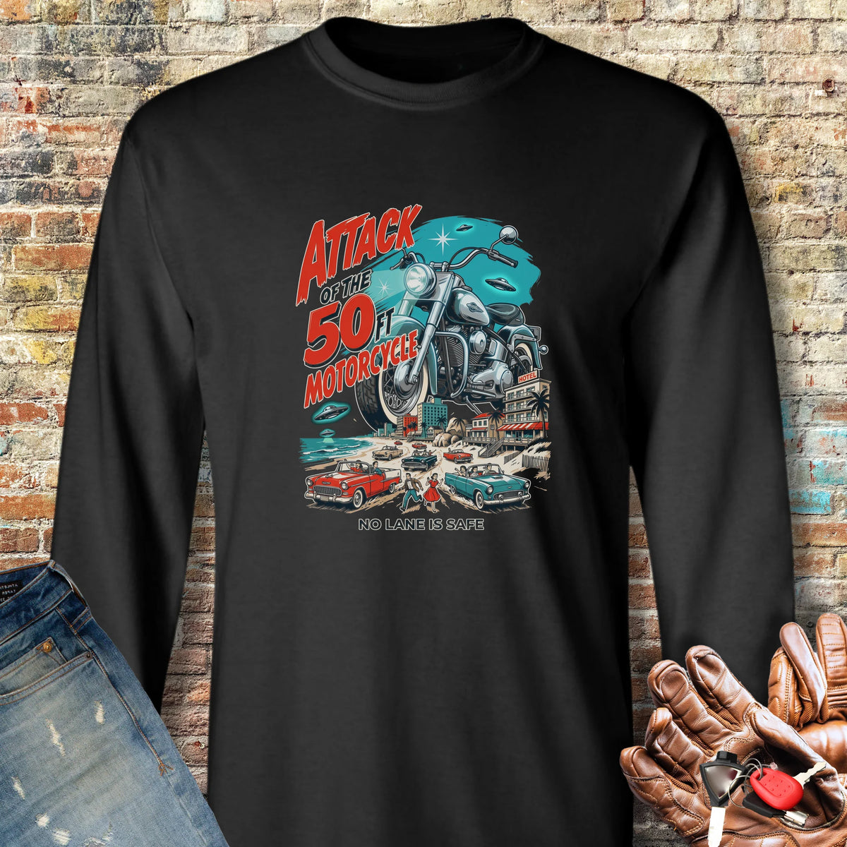 50ft Motorcycle Long Sleeve T-Shirt - Black