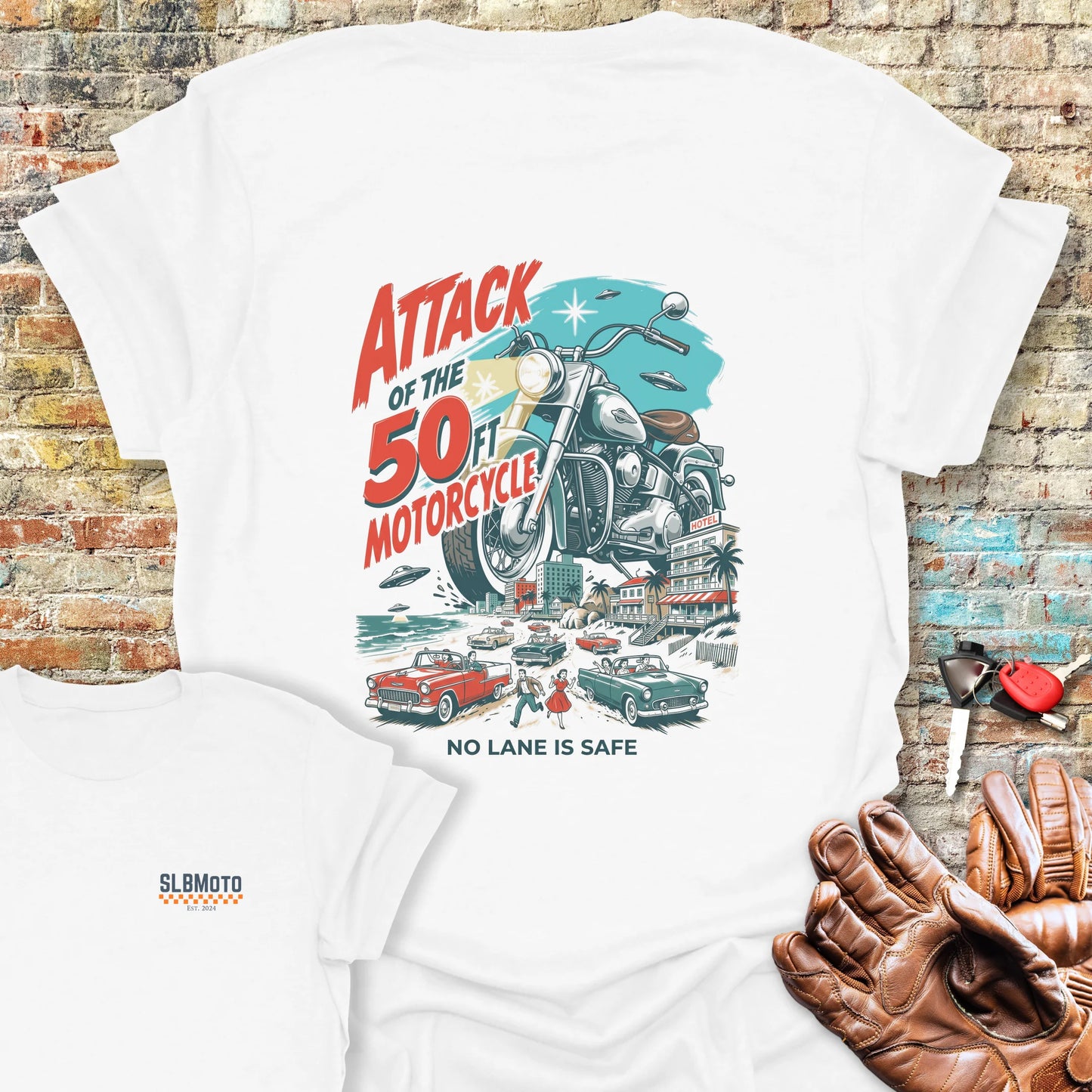 50ft Motorcycle Back Print T-Shirt - White