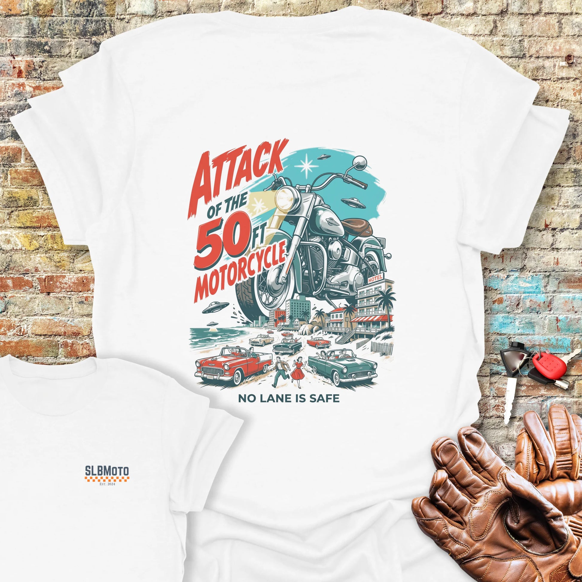 50ft Motorcycle Back Print T-Shirt - White