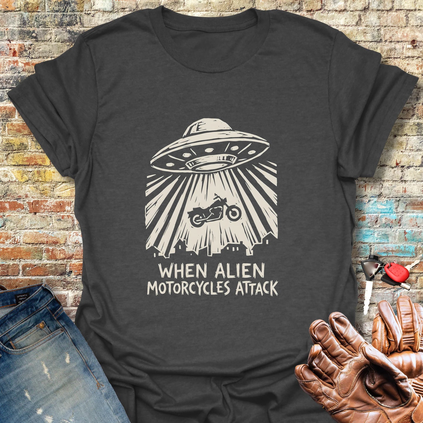 Alien Motorcycles Attack T-Shirt - Dark Heather