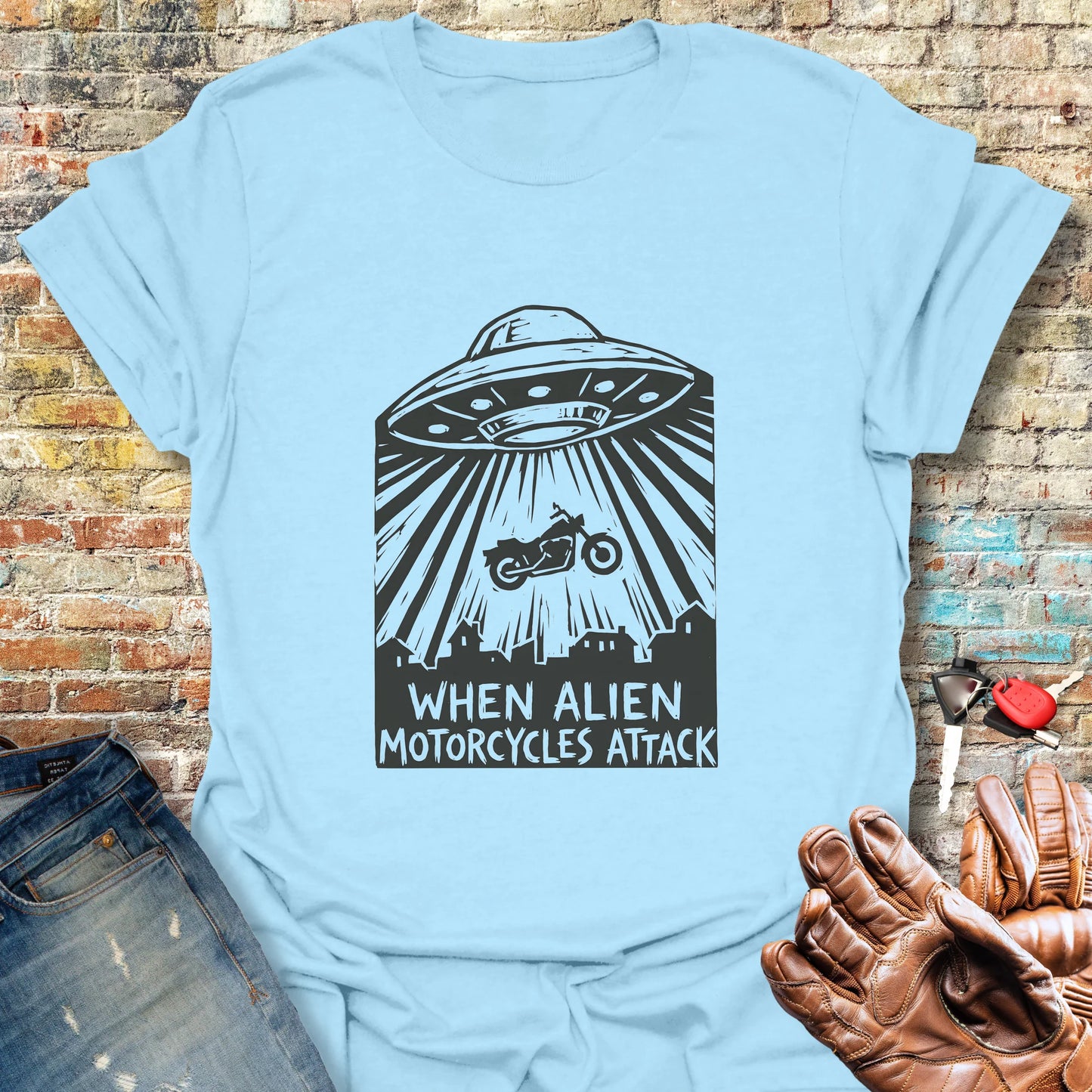 Alien Motorcycles Attack T-Shirt - Light Blue