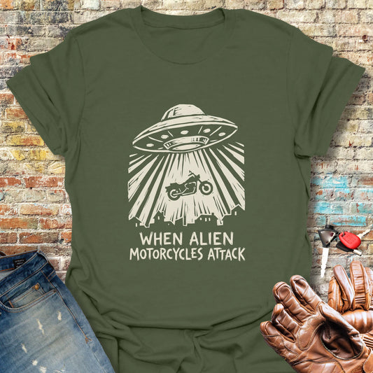 Alien Motorcycles Attack T-Shirt - Military Green