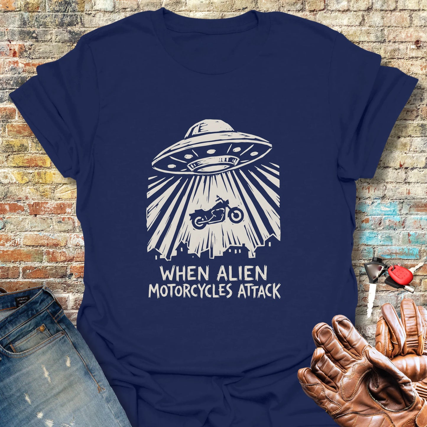 Alien Motorcycles Attack T-Shirt - Navy