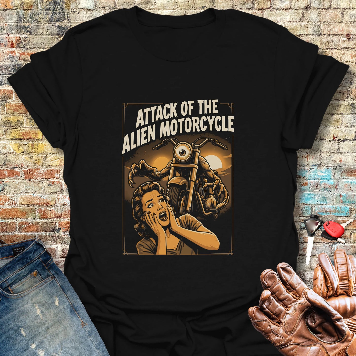 Attack of the Alien Motorcycle T-Shirt - Black