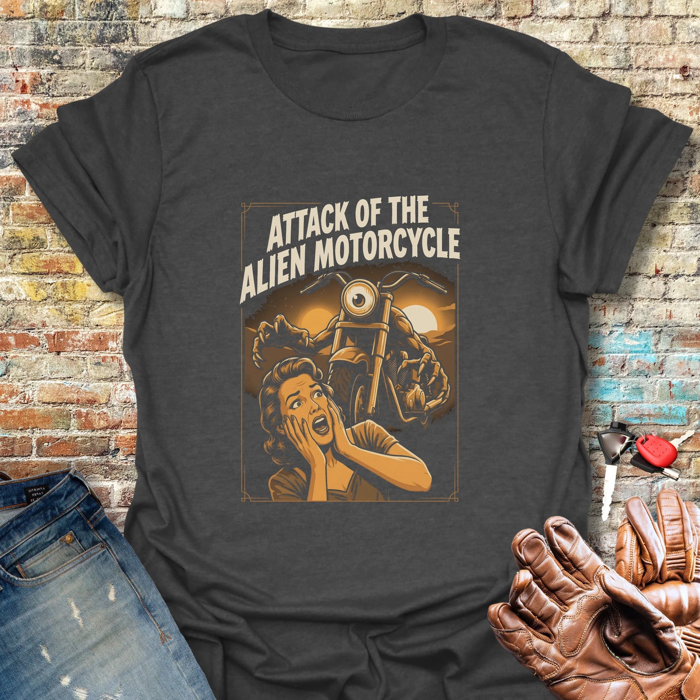 Attack of the Alien Motorcycle T-Shirt - Dark Heather
