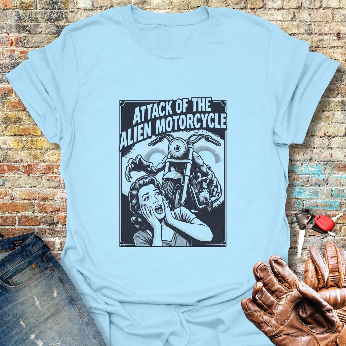 Attack of the Alien Motorcycle T-Shirt - Light Blue