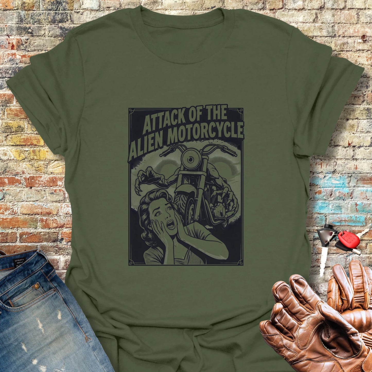 Attack of the Alien Motorcycle T-Shirt - Military Green