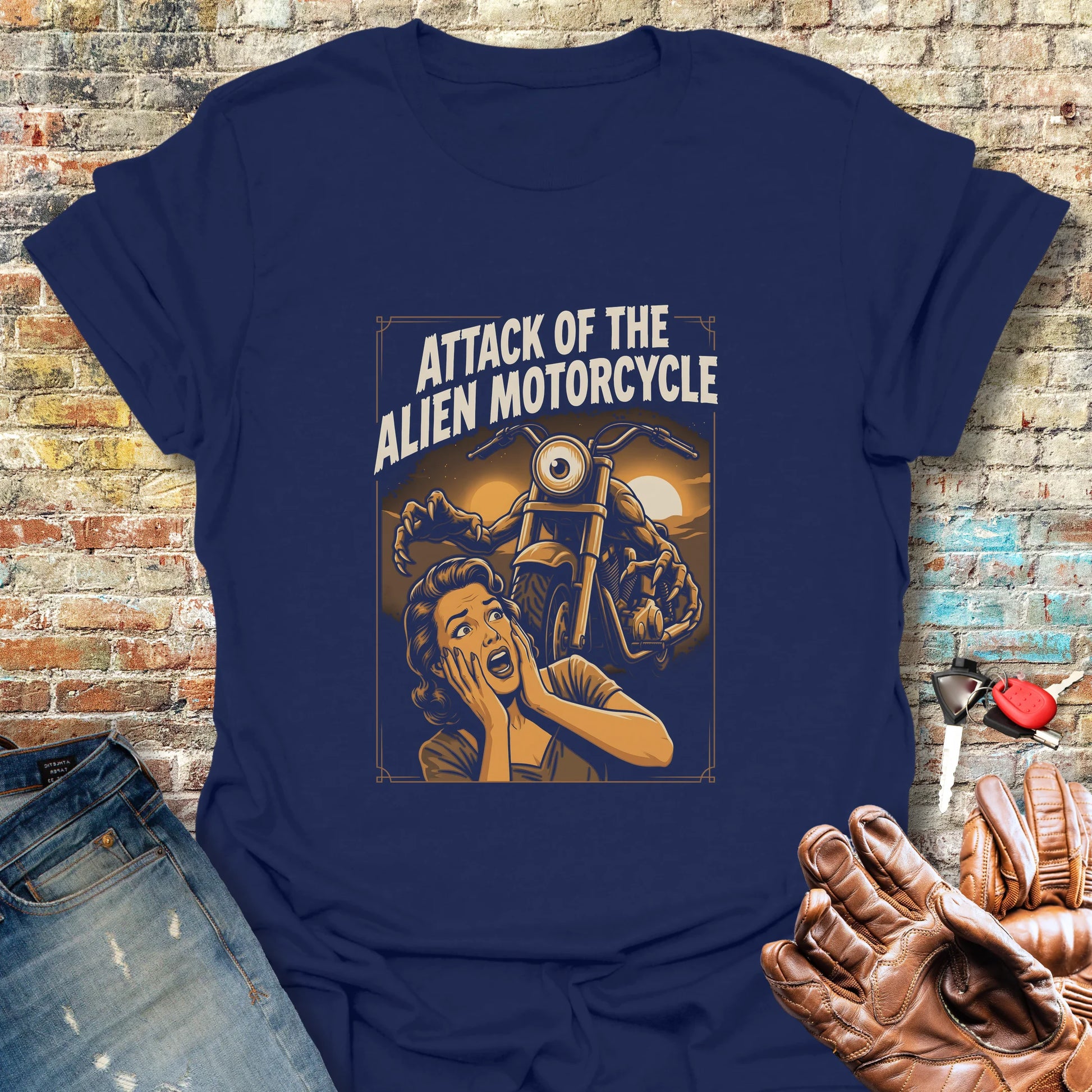 Attack of the Alien Motorcycle T-Shirt - Navy
