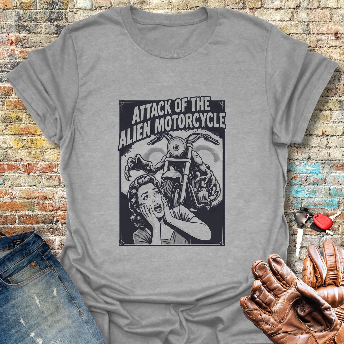 Attack of the Alien Motorcycle T-Shirt - Sport Grey