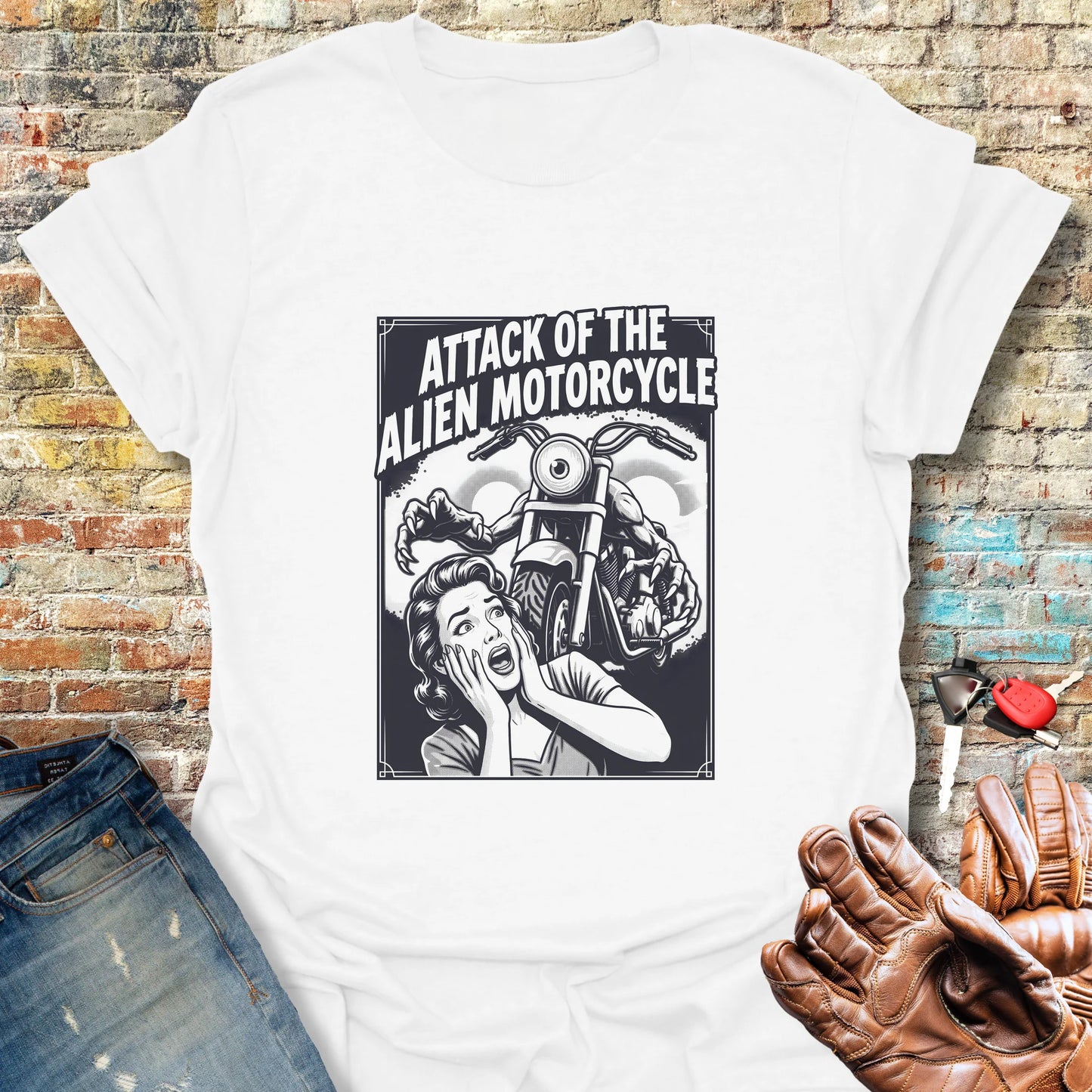 Attack of the Alien Motorcycle T-Shirt - White