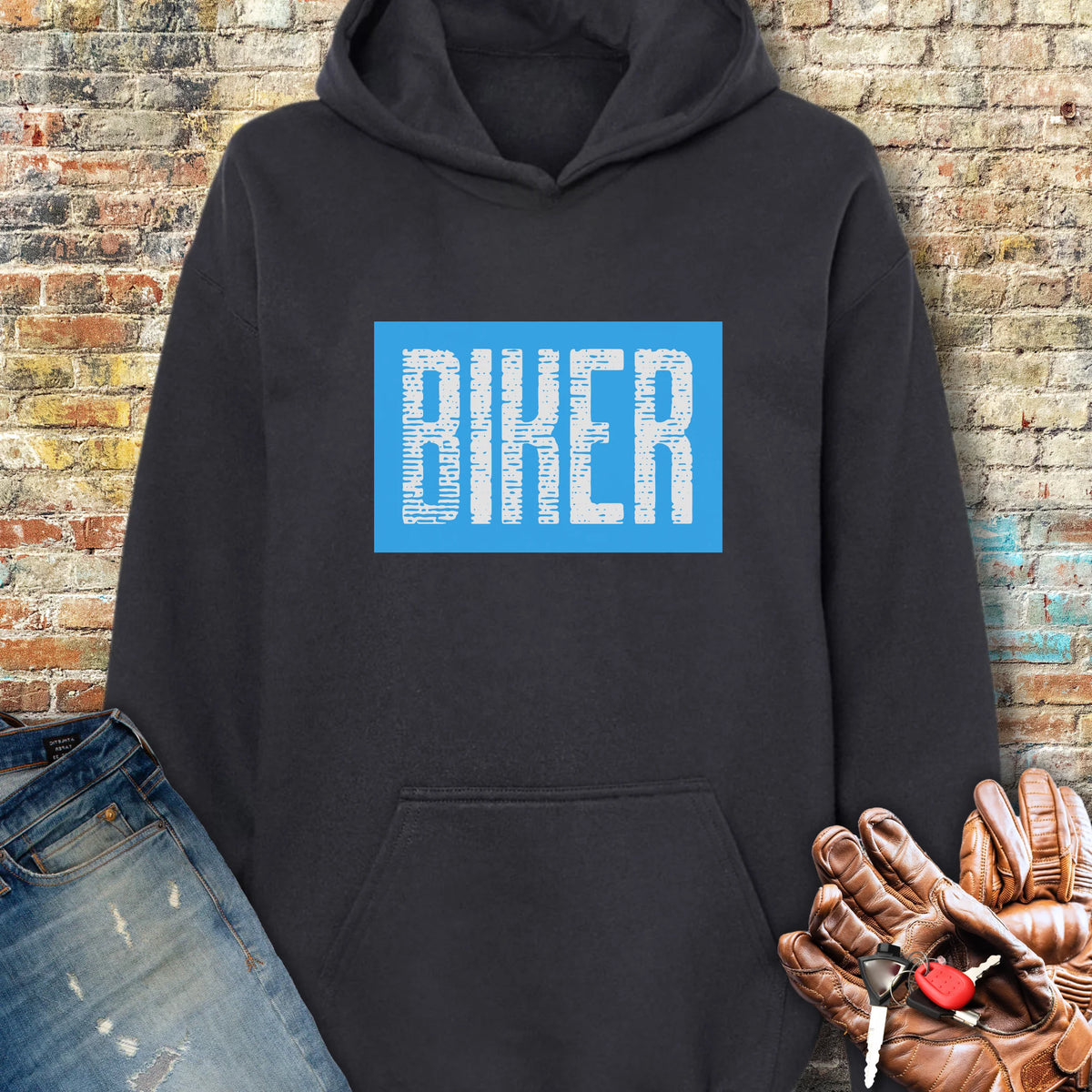Biker In Blue Hoodie - Black