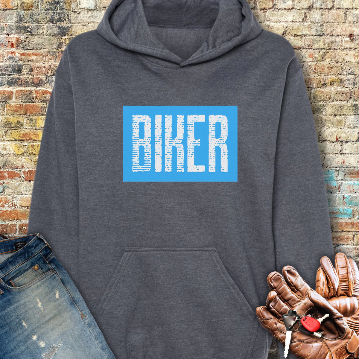 Biker In Blue Hoodie - Dark Heather