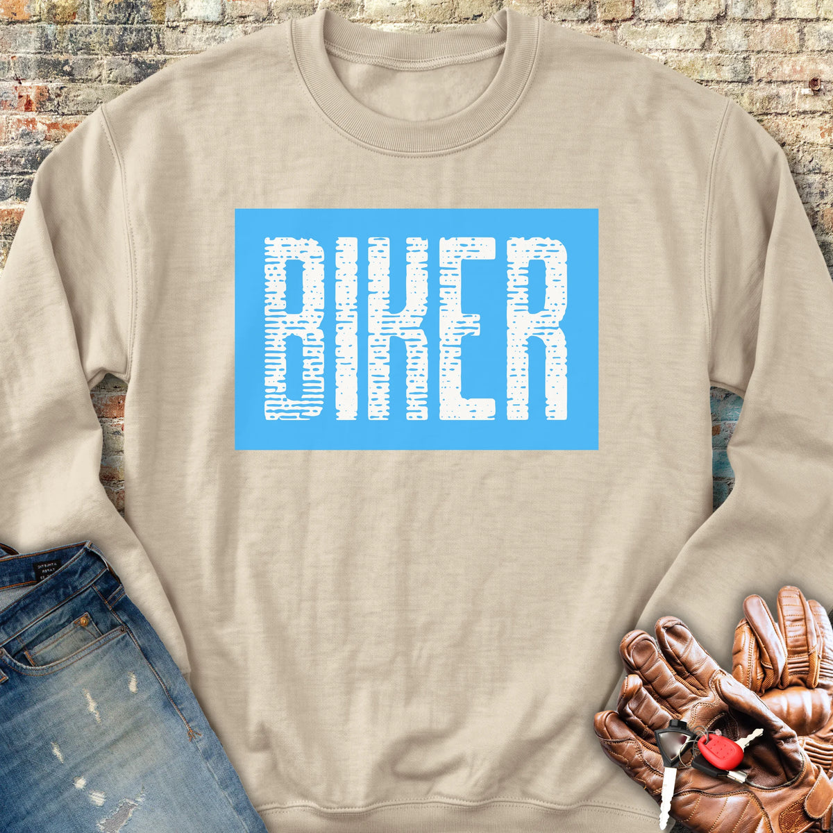Biker In Blue Sweatshirt - Sand