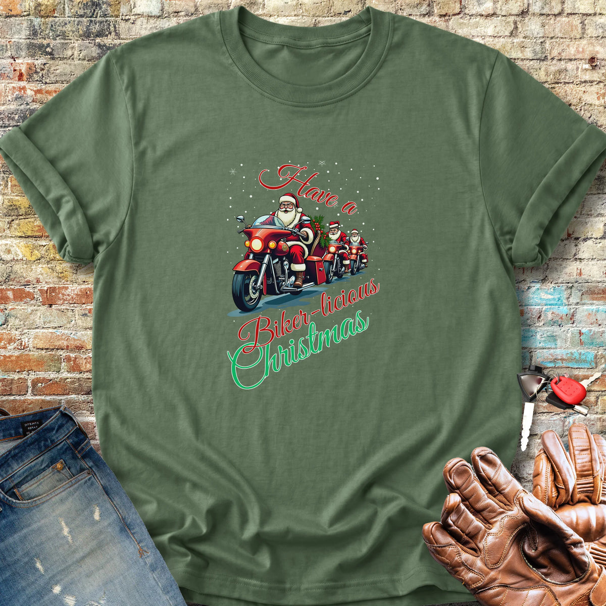 Biker-licious Christmas Classic T-Shirt - Military Green