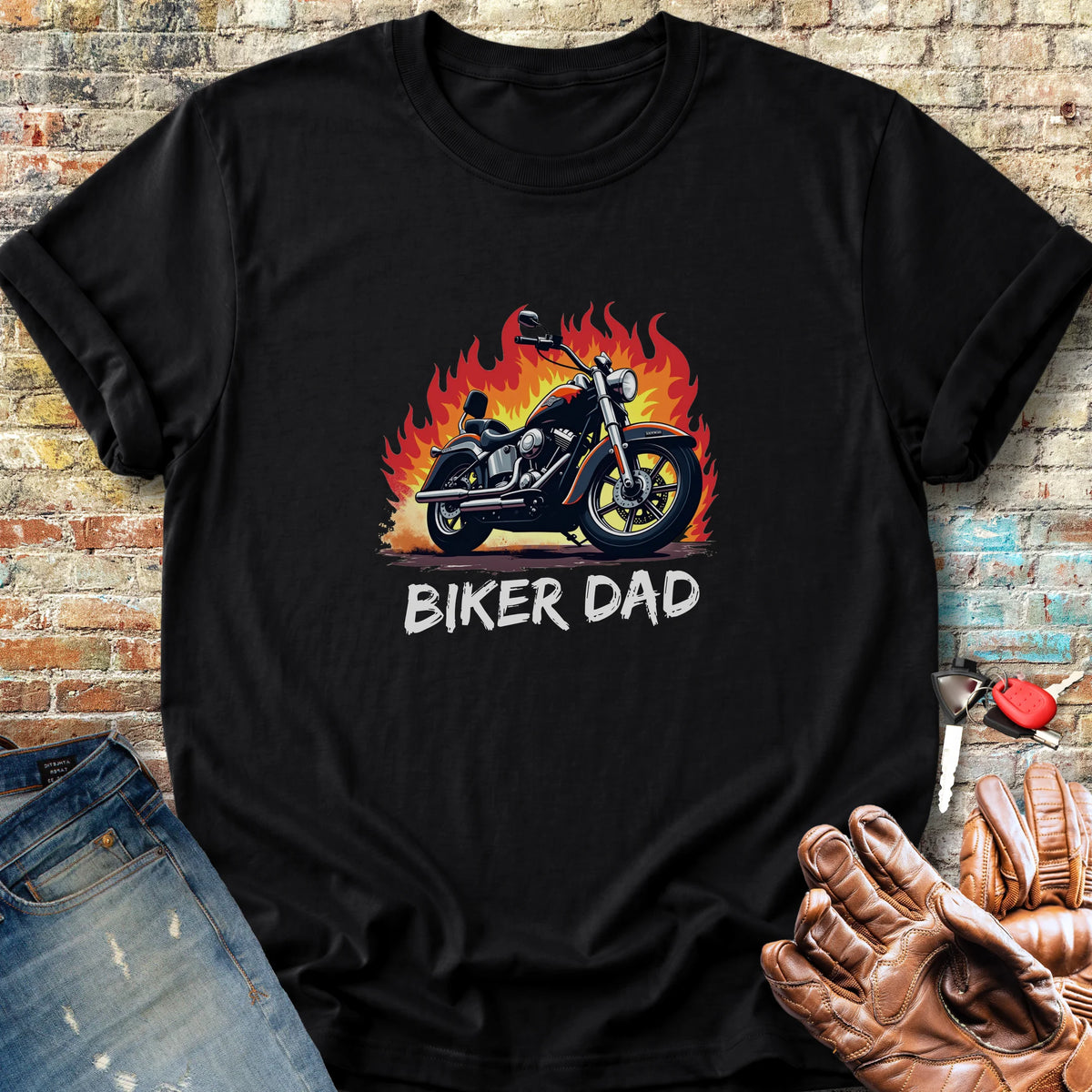 Biker Dad (Flames) Classic T-Shirt - Black