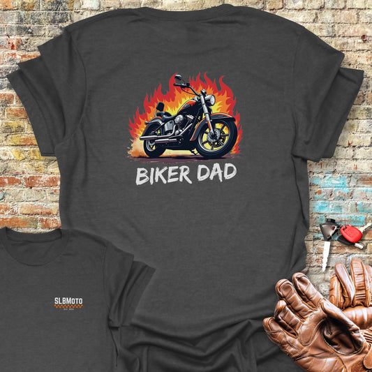 Biker Dad (Flames) Back Print T-Shirt - Dark Heather