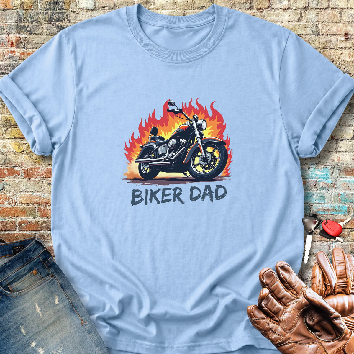 Biker Dad (Flames) Classic T-Shirt - Light Blue