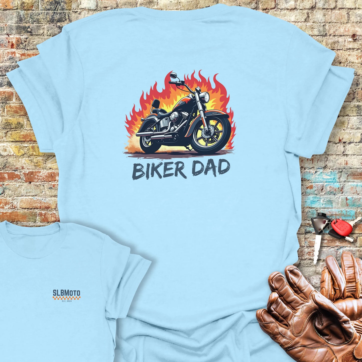 Biker Dad (Flames) Back Print T-Shirt - Light Blue