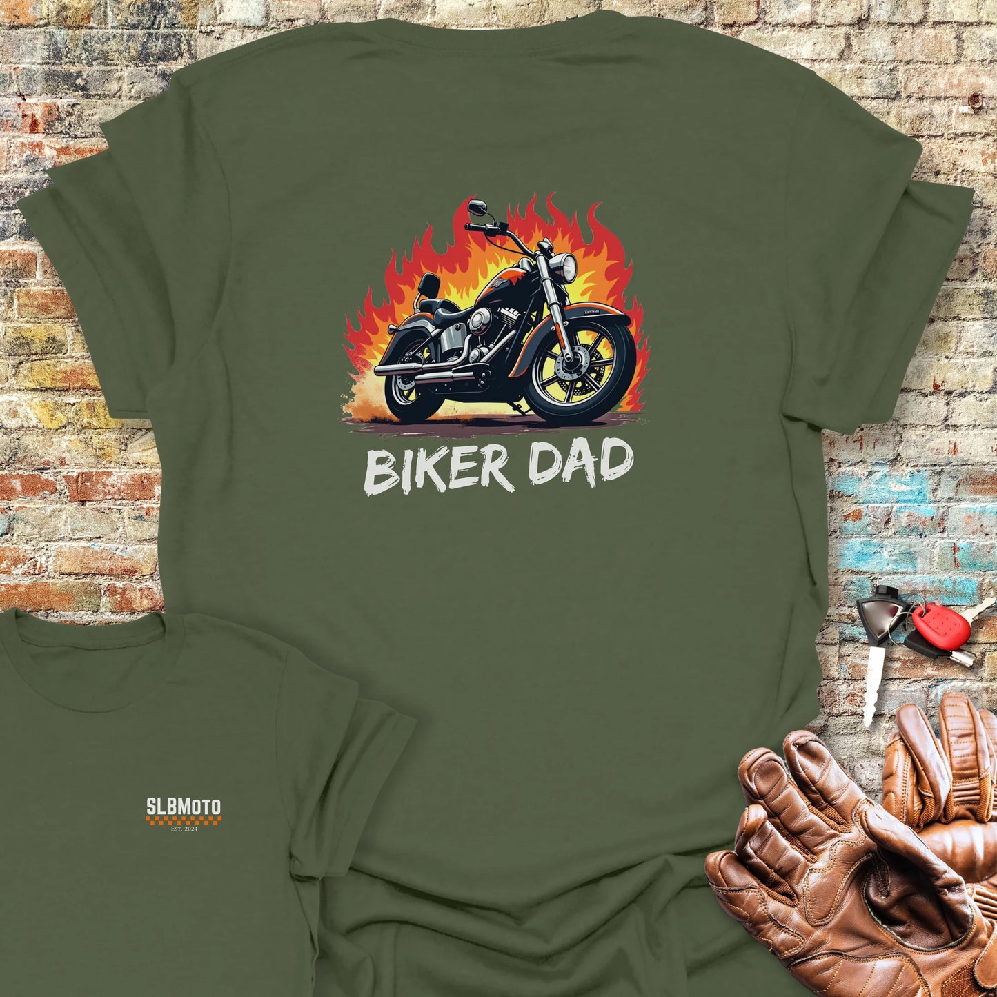 Biker Dad (Flames) Back Print T-Shirt - Military Green