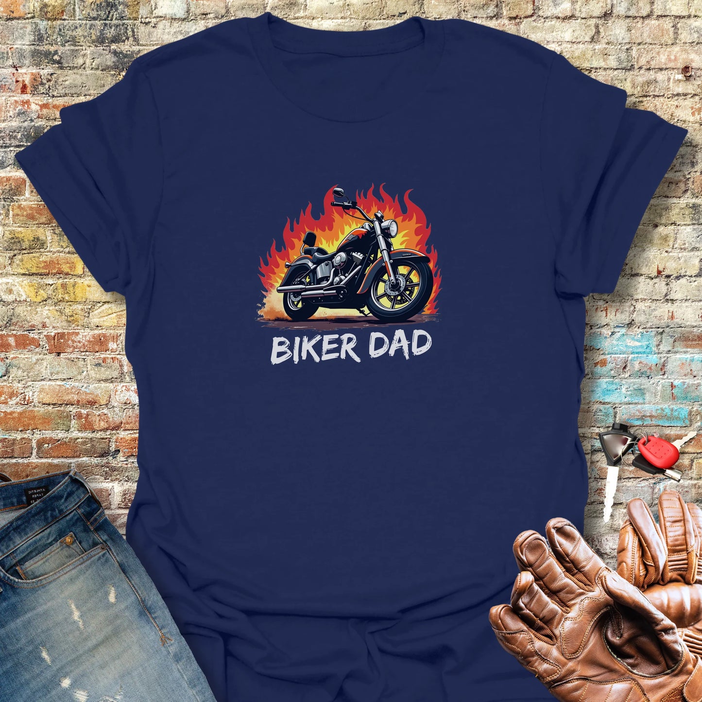 Biker Dad (Flames) T-Shirt - Navy