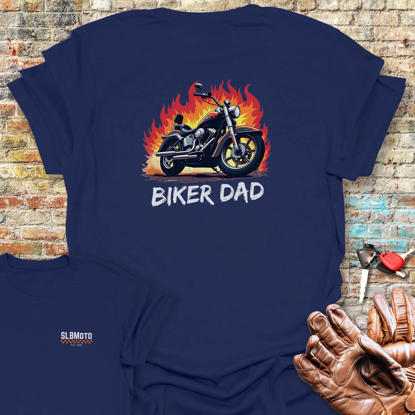 Biker Dad (Flames) Back Print T-Shirt - Navy
