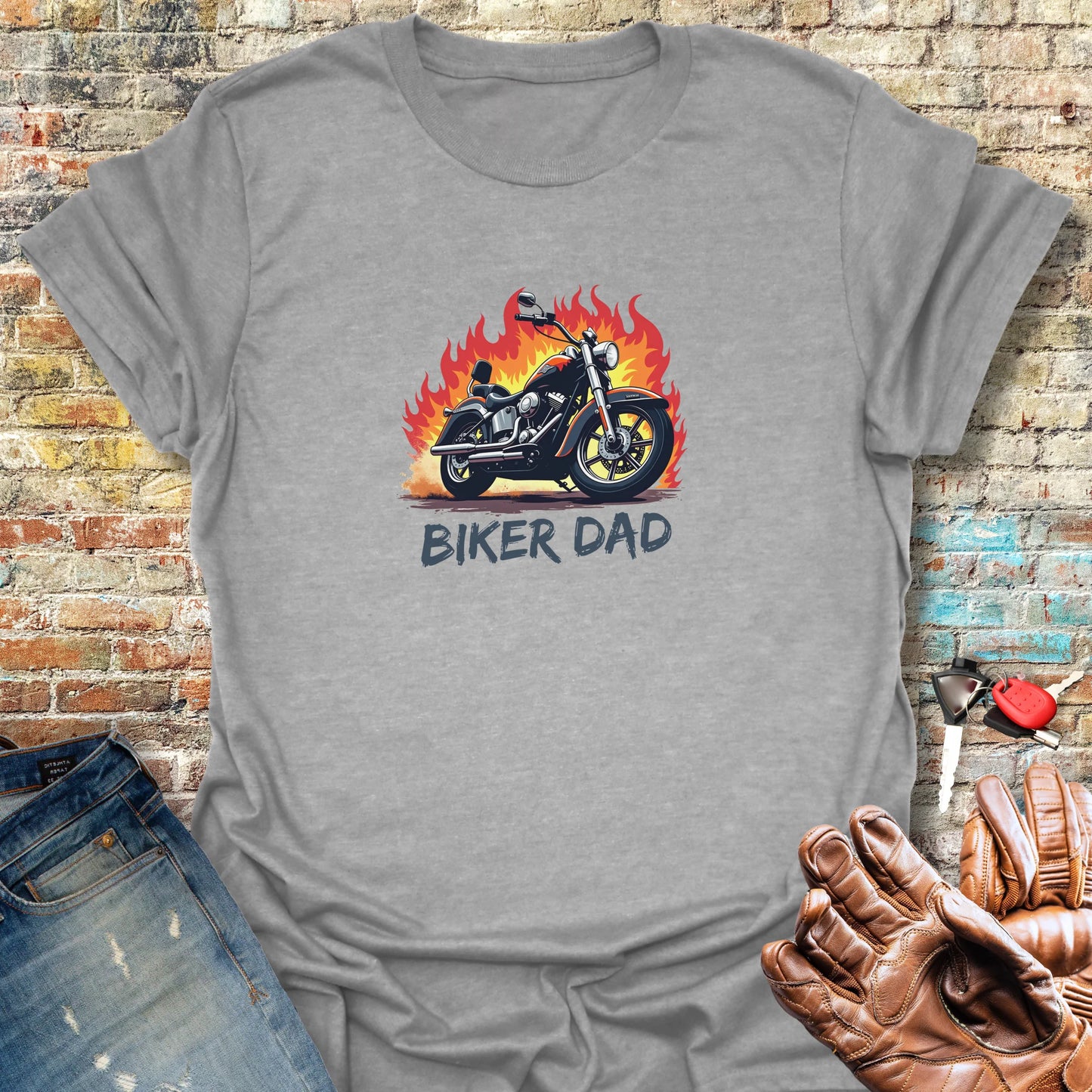 Biker Dad (Flames) T-Shirt - Sport Grey