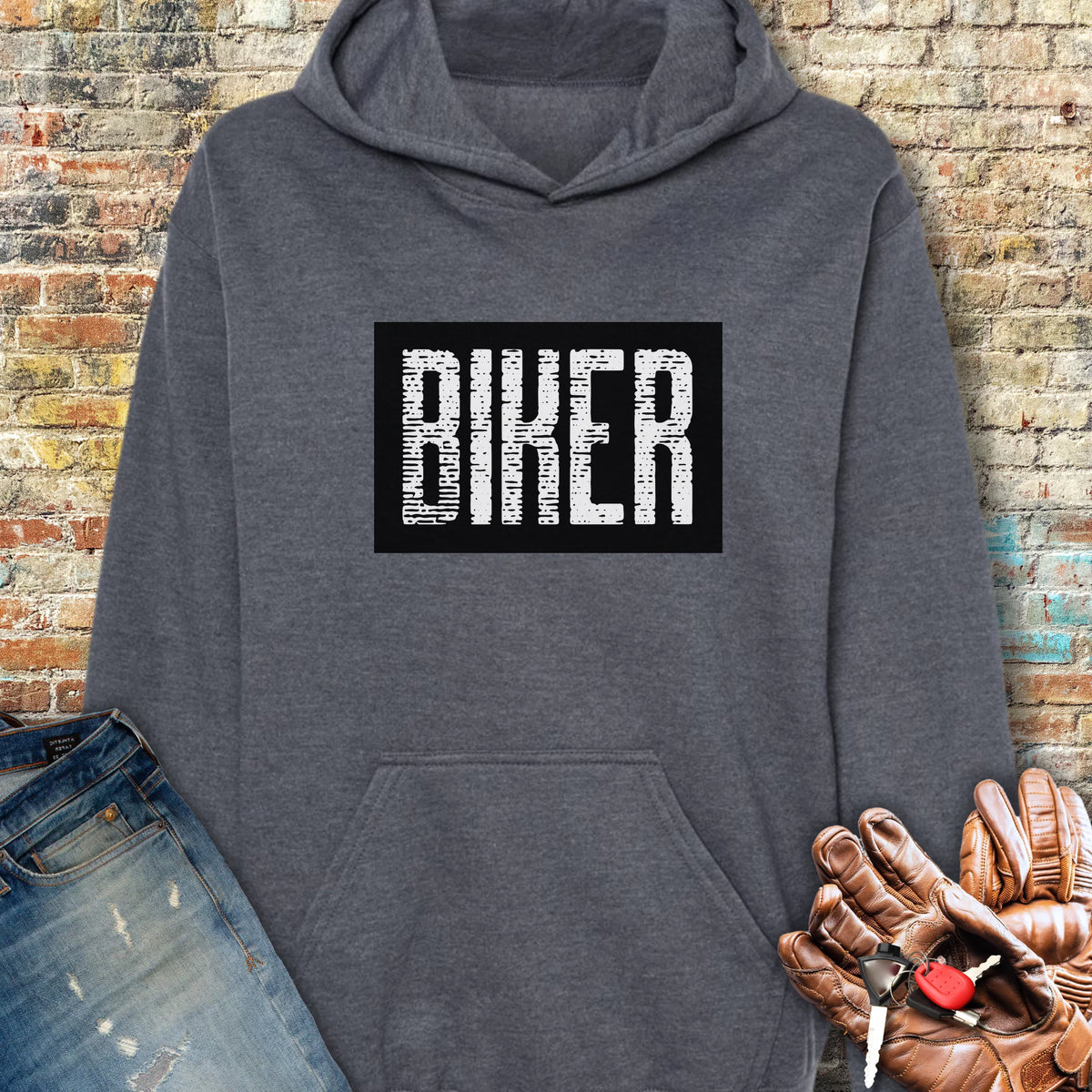 Biker In Black Hoodie - Dark Heather