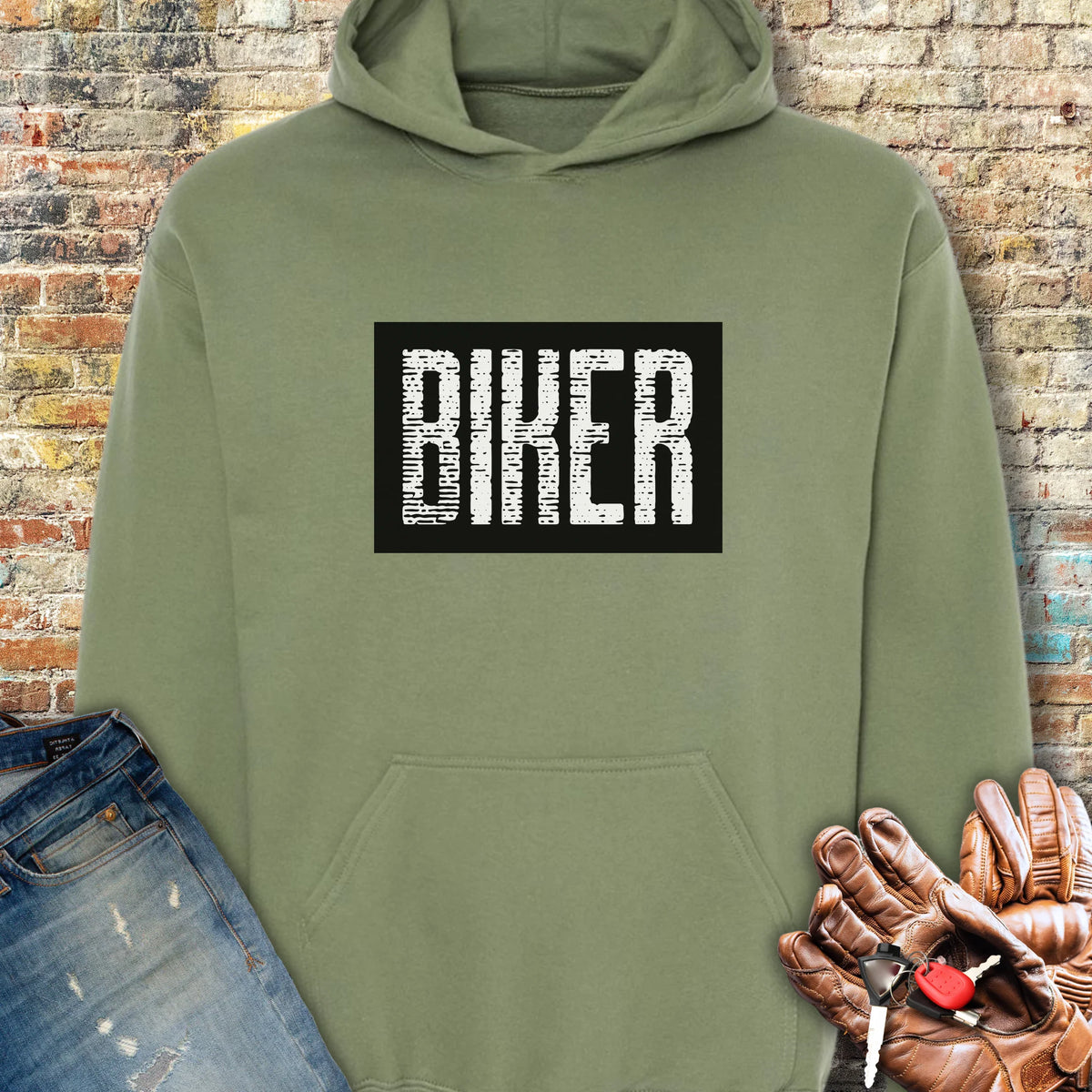 Biker In Black Hoodie - Military Green