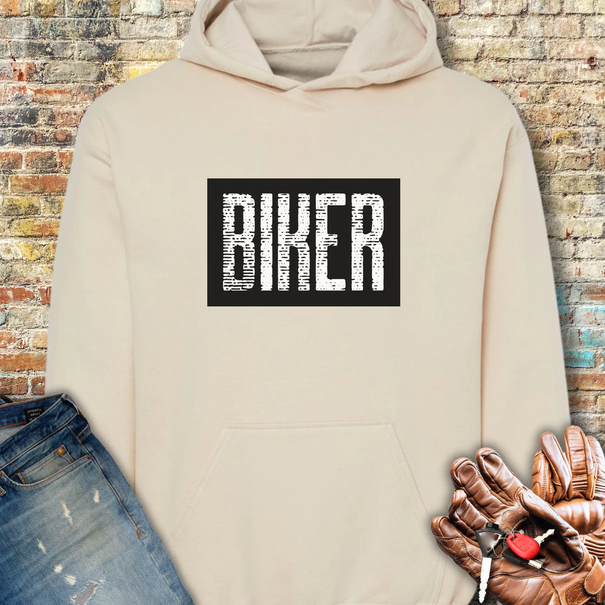 Biker In Black Hoodie - Sand